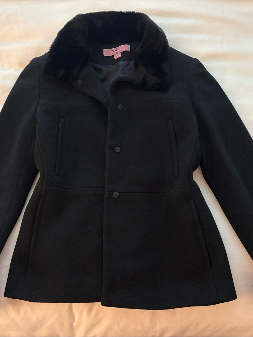 Moiselle Black Wool Pea Coat with Faux Fur Collar